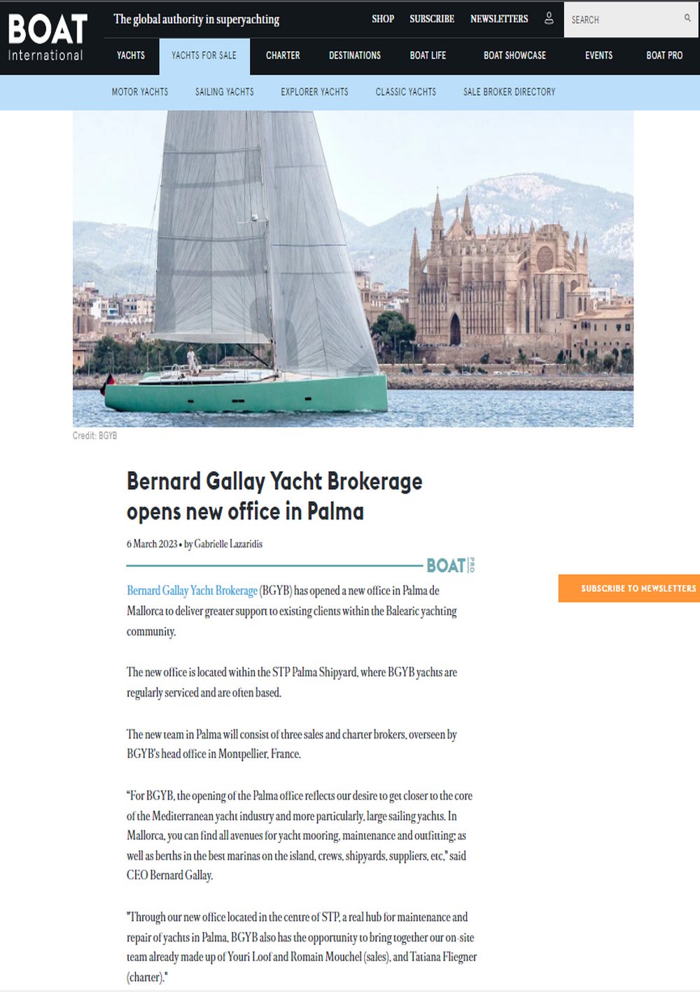 Le magazine Boat International annonce l'ouverture du nouveau bureau BGYB à Palma