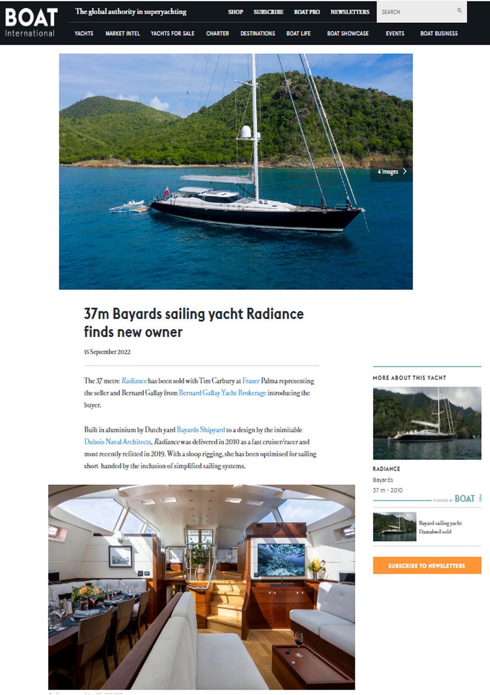 Article sur le site de  Boat International : S/Y 37 m Ed Dubois RADIANCE Vendu !