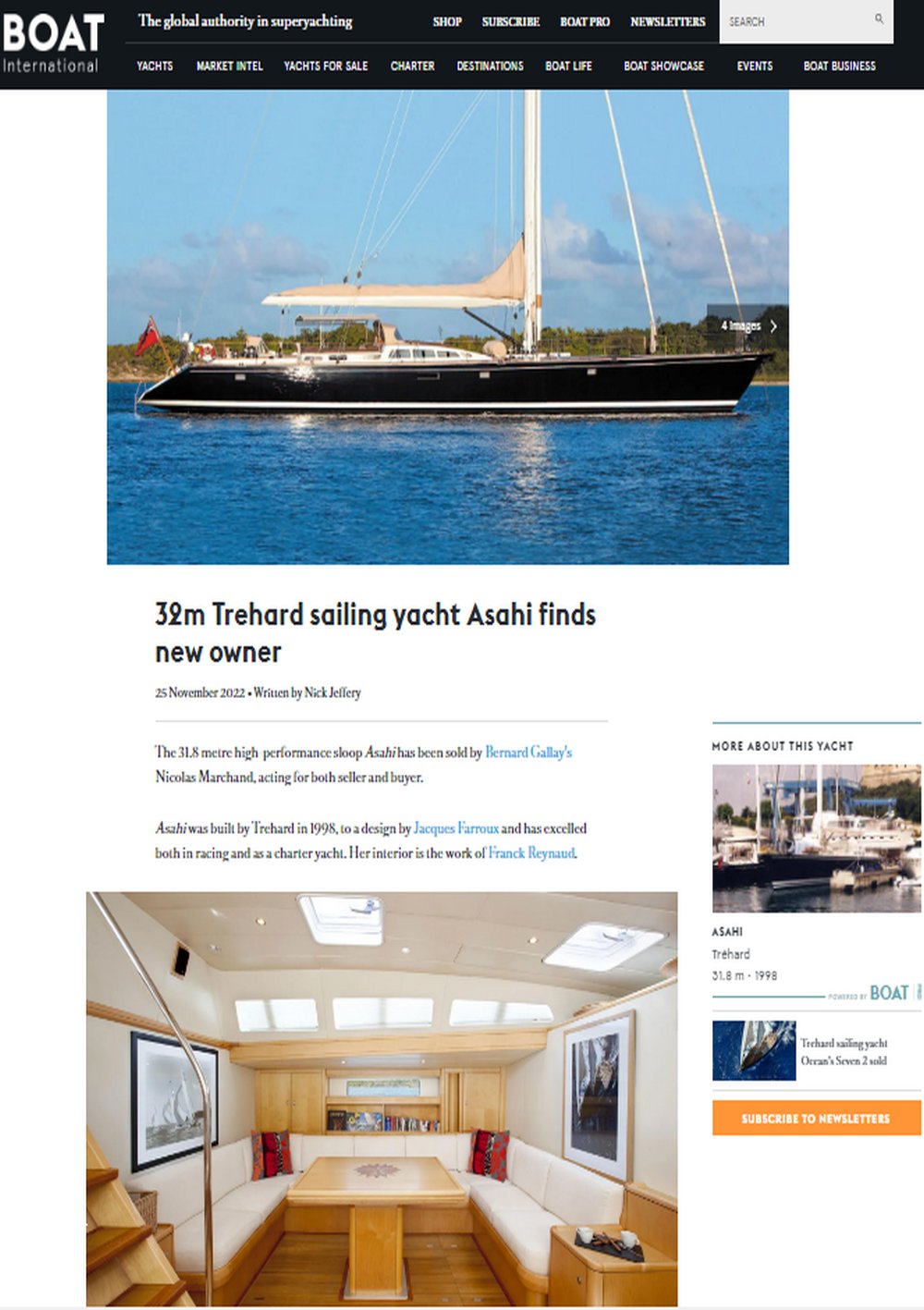 BOAT INTERNATIONAL annonce la vente du voilier Sloop Trehard 104ft ASAHI