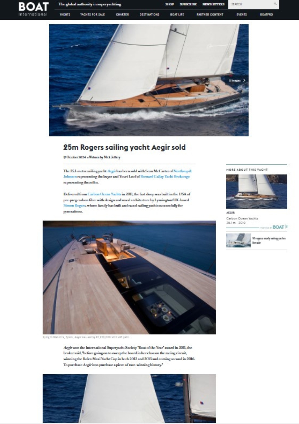 La vente du voilier Carbon Ocean AEGIR dans BOAT INTERNATIONAL !