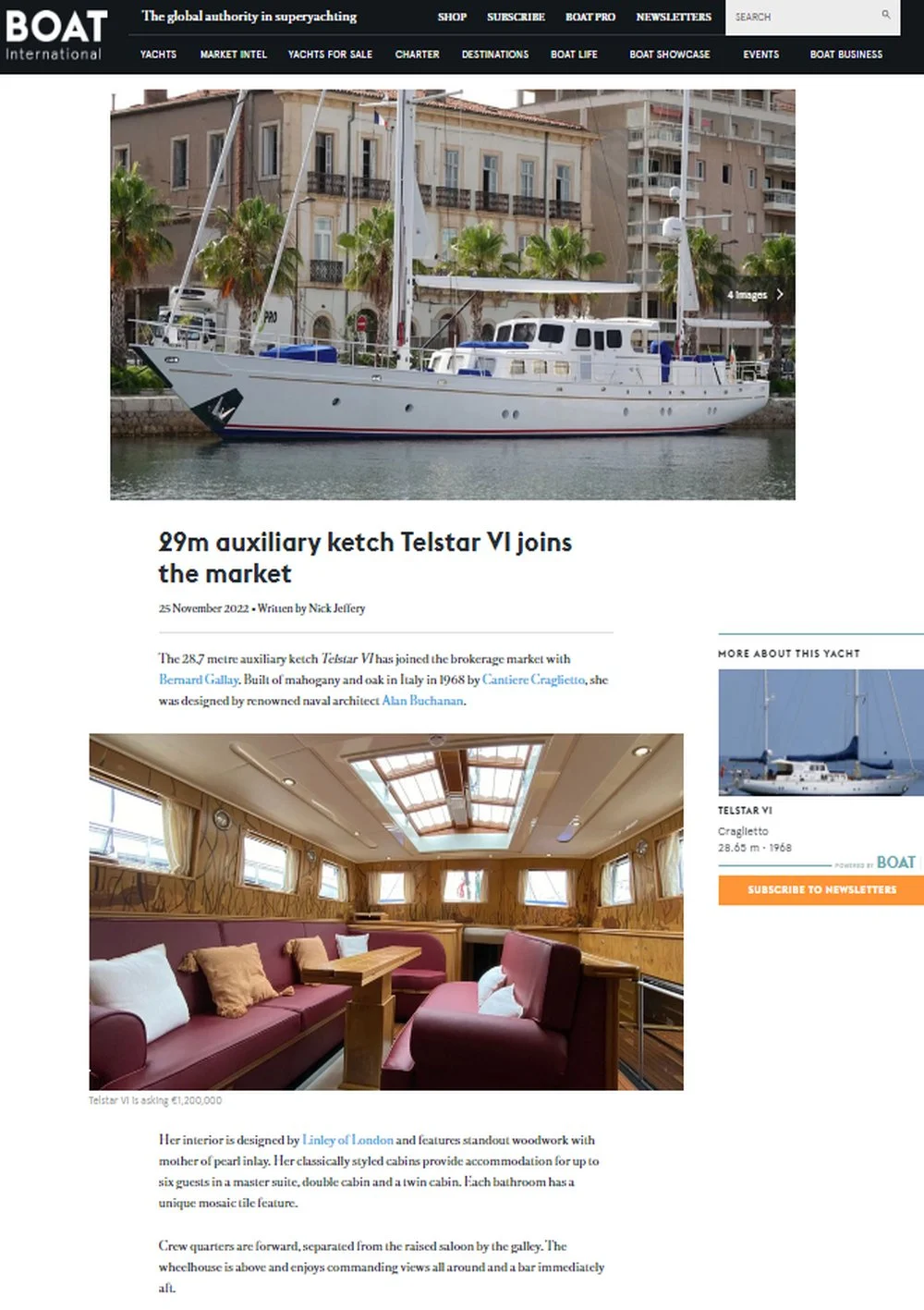 Boat International présente le ketch de 29.65 TESTAR VI disponible à la vente