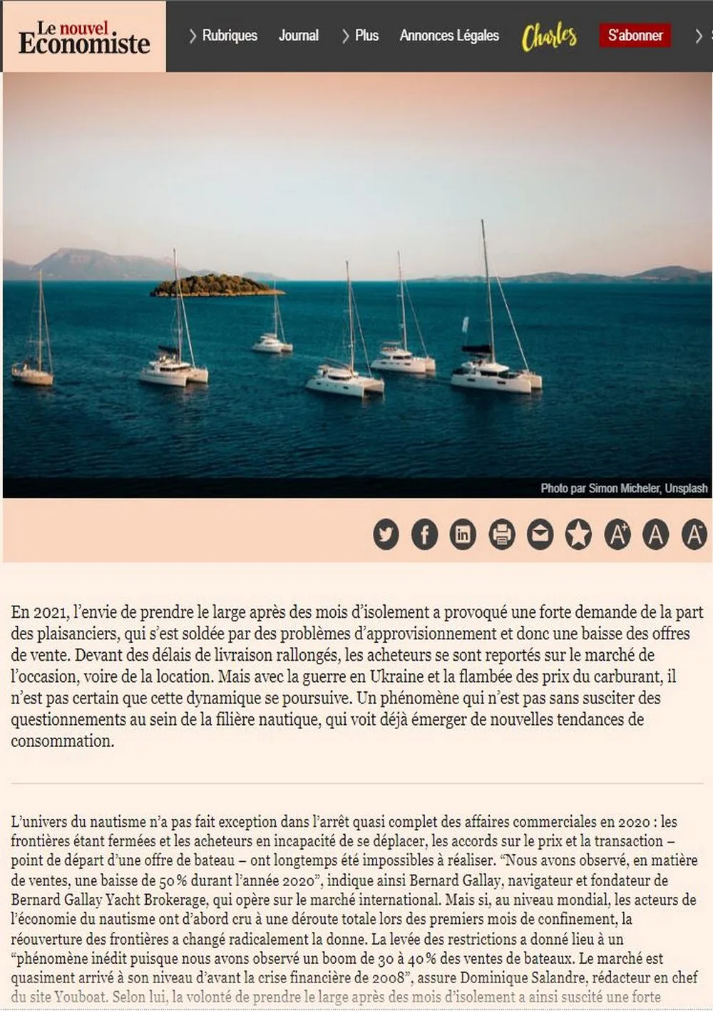 Le Nouvel Economiste cite Bernard Gallay dans l'article intitulé "Le marché de la plaisance en eaux troubles"